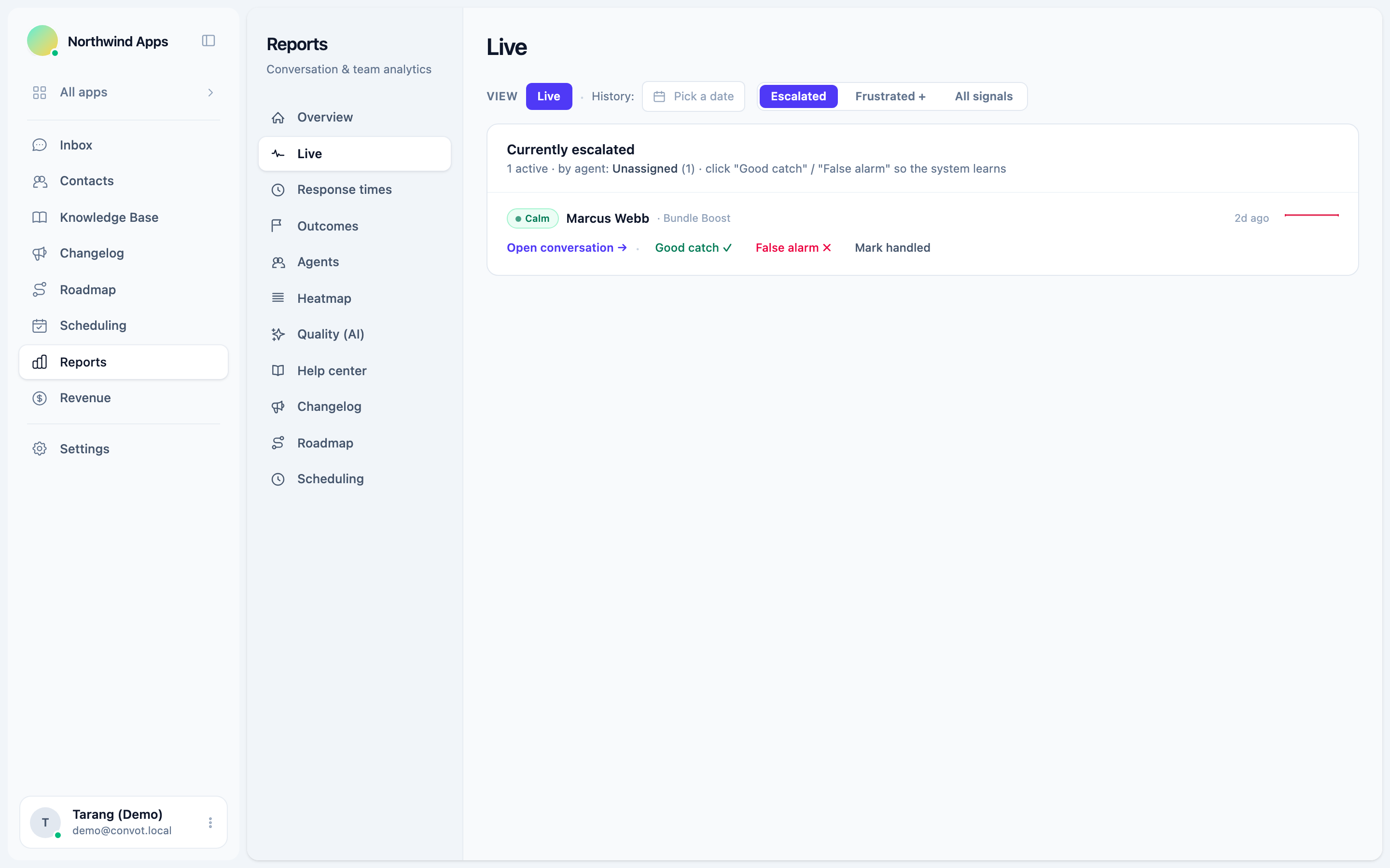 Escalation Live tab + QA grading